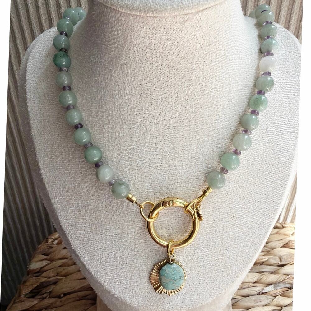 20" Beaded Gemstone Necklace, Milky Green Jade, Amethyst, Charms, Interchangable